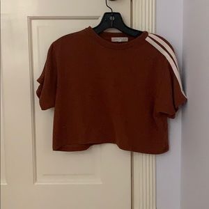 Joah brown rust crop top tee worn sleeve stripes
